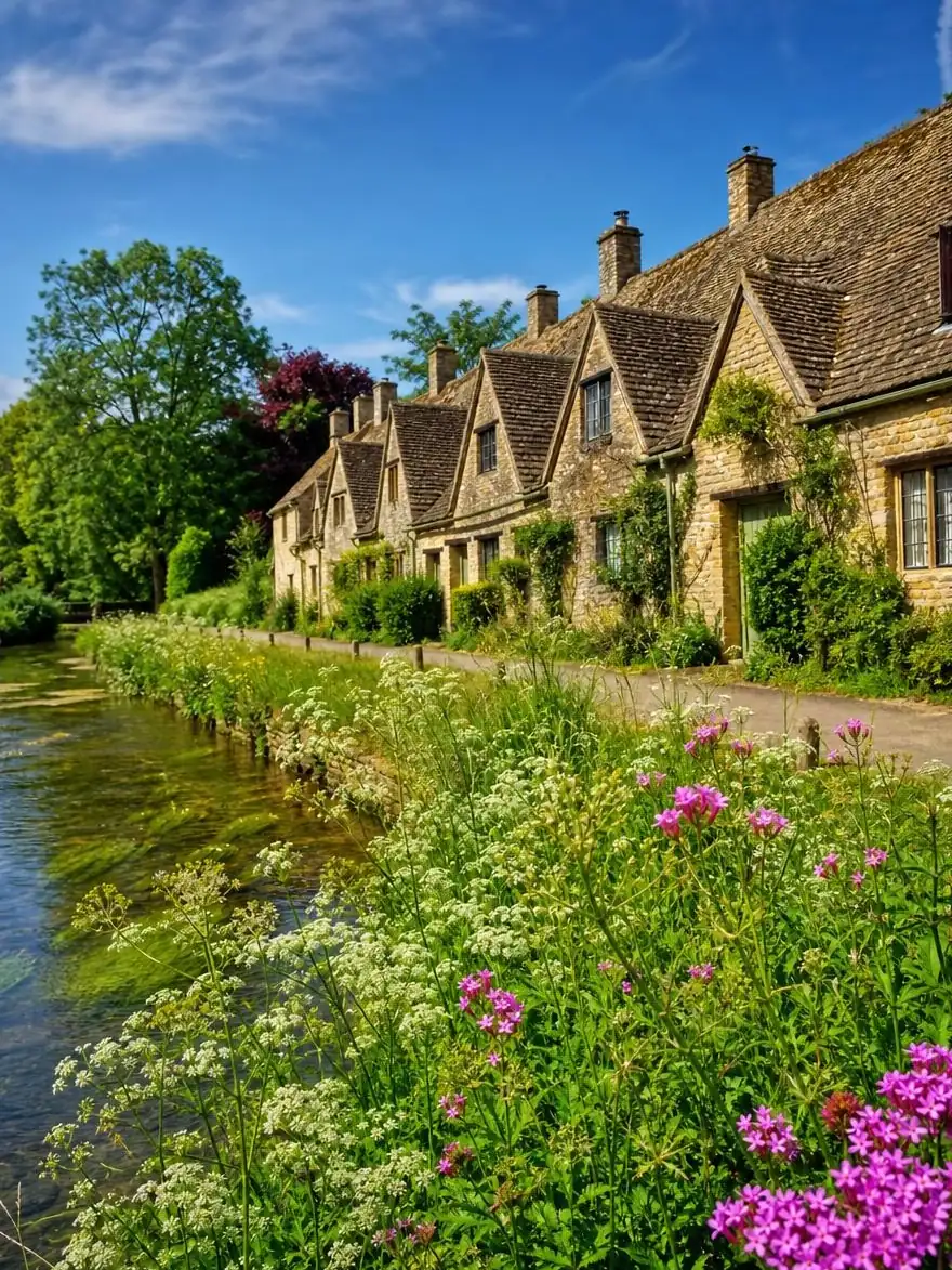 Honey-stone weavers' cottages beside a stream in the Cotswolds on a sunny day