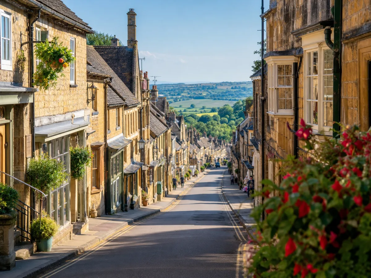 A long high street of honey-stone shops sloping downhill towards green hills