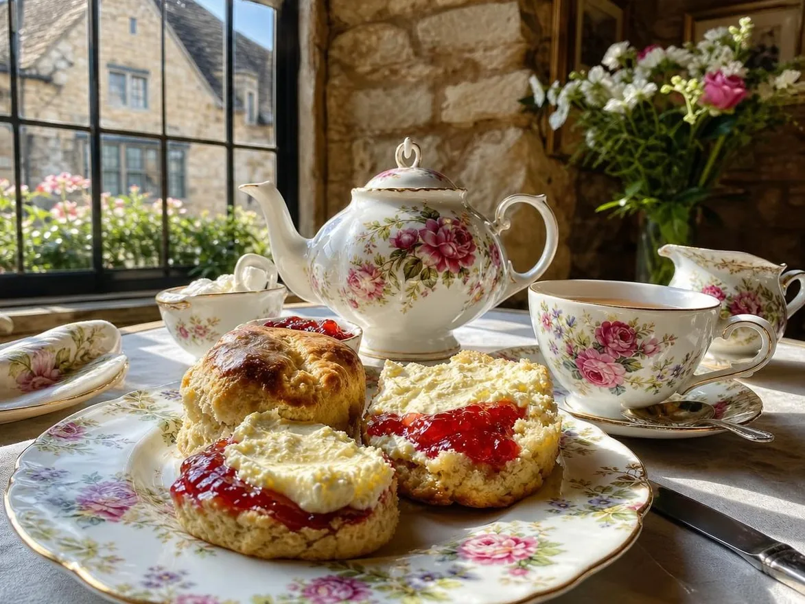 Scones with clotted cream and jam and a floral teapot in a stone-walled tea room